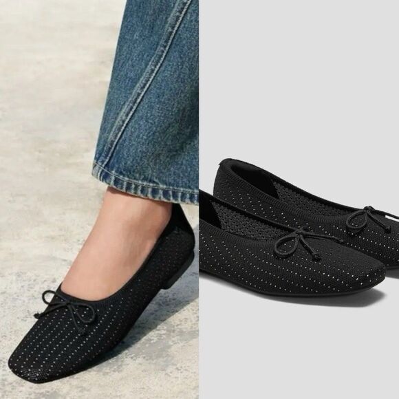 VIVAIA Shoes 42 Margaret Square Toe Bow Ballerina Flats Black Slip On Minimalist - Picture 1 of 7